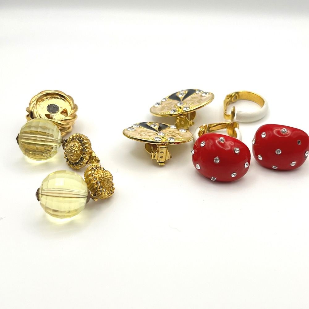 Lot of Vintage Clip On Earrings Red Mushroom Gold Ladybug Yellow Beaded Flawed